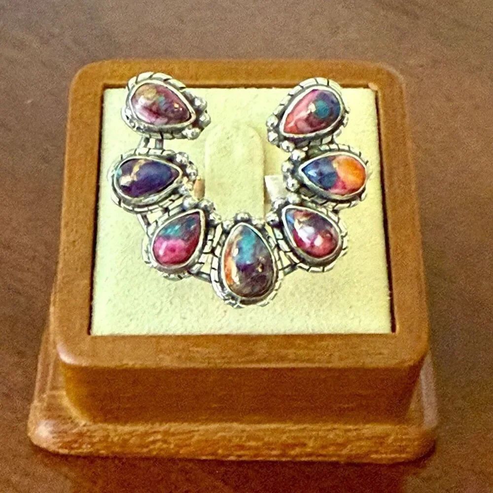 Stunning Southwestern Style Multi Turquoise Horseshoe Ring Sterling Silver Sz 9